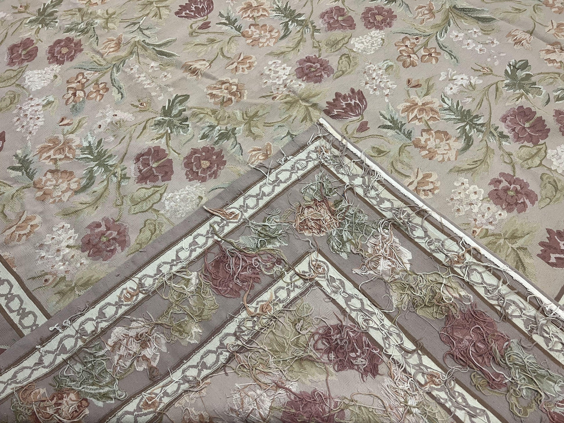 Aubusson Rug 9x12, Pink Beige Light Mauve, Handmade Allover Floral Roses, Wool Flatweave Carpet 9 x 12 ft, European French Design, Elegant - Nuvé