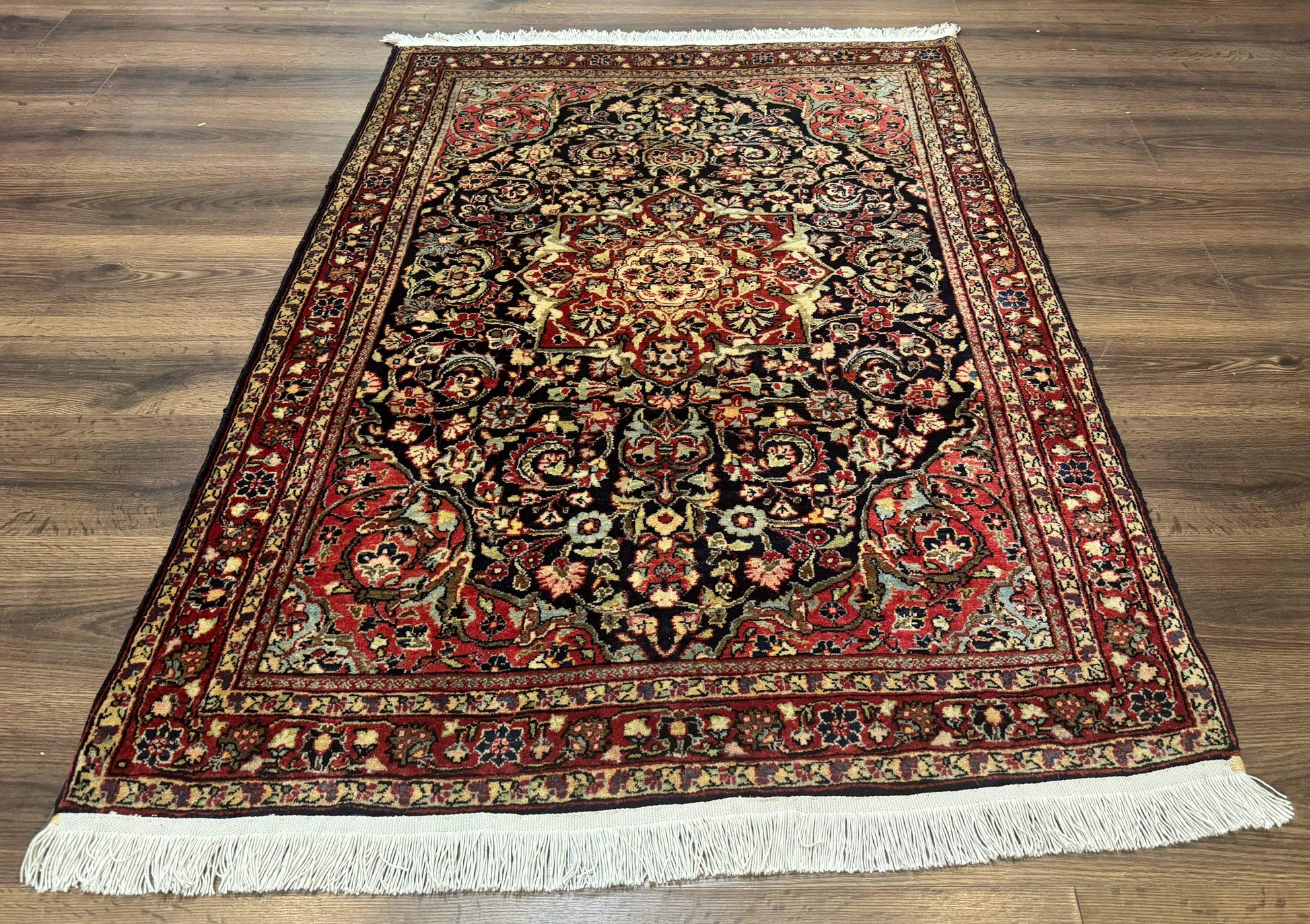 Antique Persian Sarouk Rug 4x5, Dark Blue and Red, Floral Medallion, Fine - Nuvé