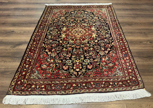 Antique Persian Sarouk Rug 4x5, Dark Blue and Red, Floral Medallion, Fine - Nuvé