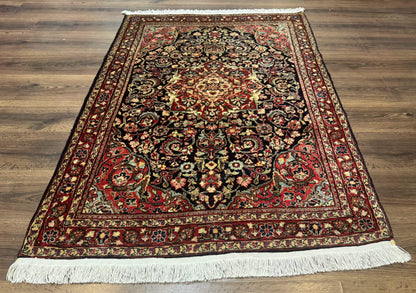 Antique Persian Sarouk Rug 4x5, Dark Blue and Red, Floral Medallion, Fine