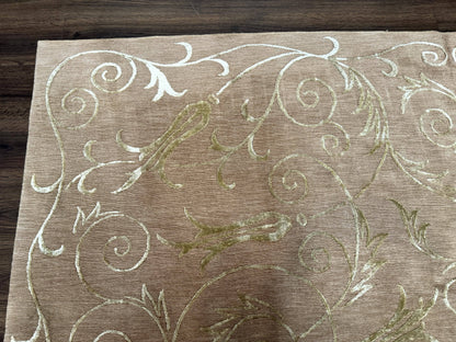 Tibetan Rug 9x12 Wool and Silk Beige Modern Handmade Carpet - Nuvé