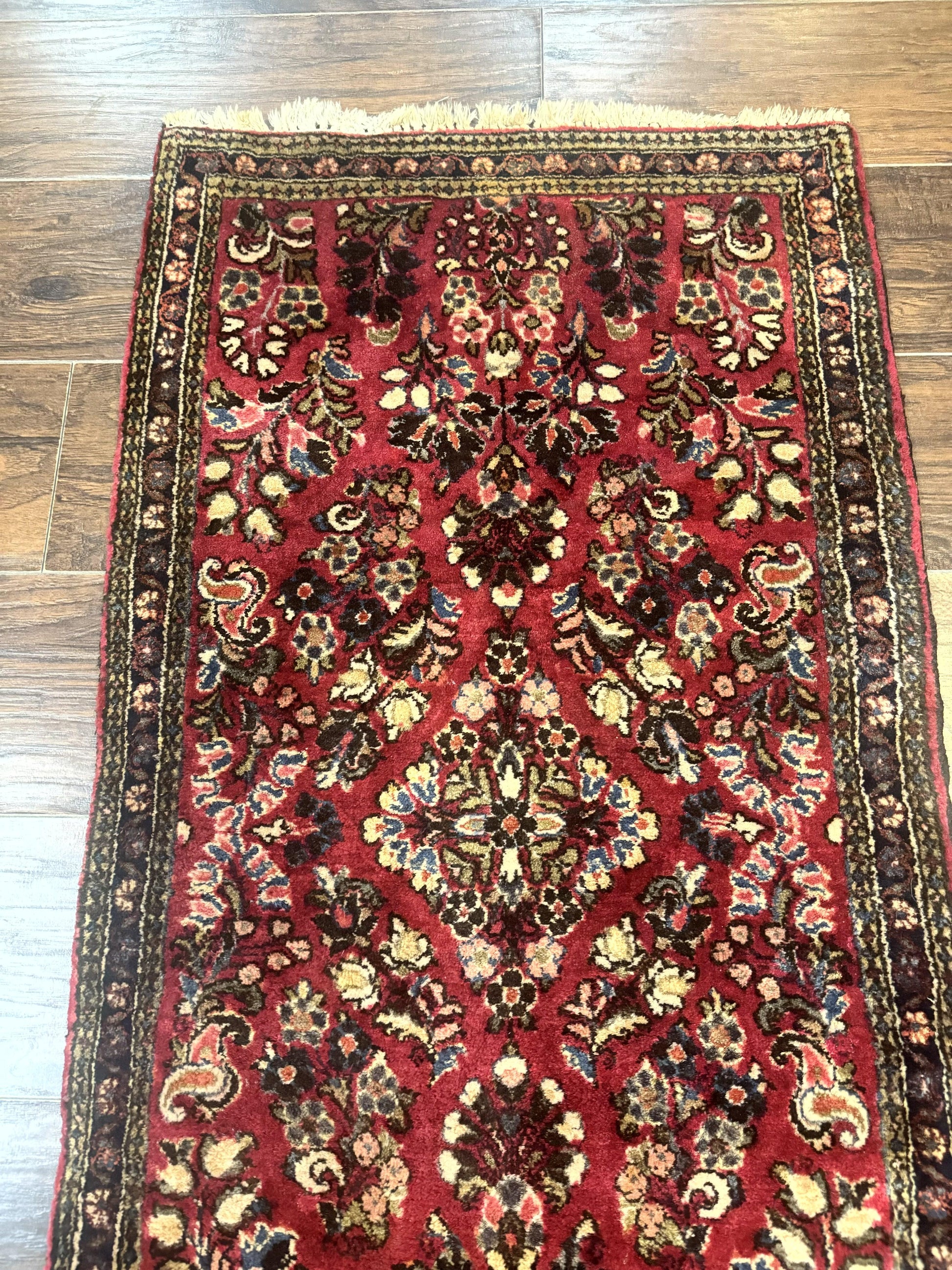 Small Persian Sarouk Rug 2x4, Floral, Red Hand Knotted Wool Traditional Oriental Carpet, Antique Persian Rug 2 x 4 - Nuvé