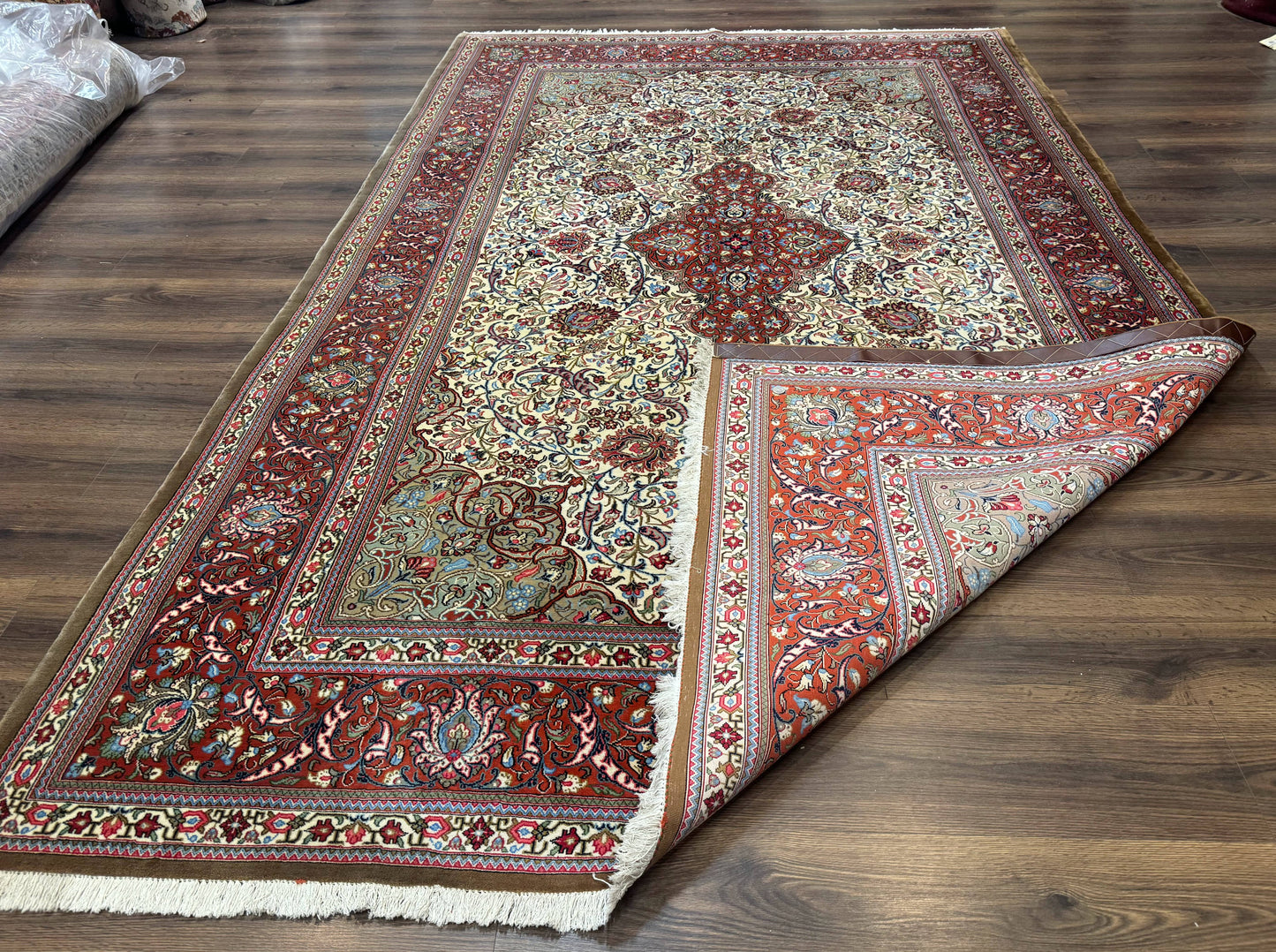 Persian Qum Rug 7x11, Beige and Red, Highly Detailed Floral Pattern, Fine 260 KPSI - Nuvé