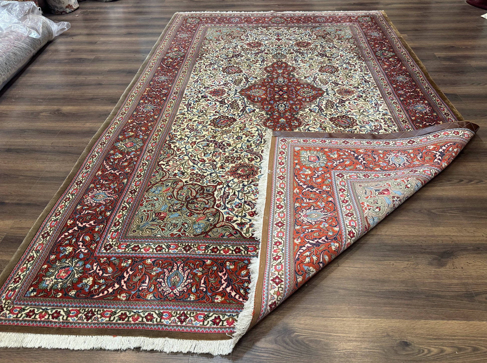 Persian Qum Rug 7x11, Beige and Red, Highly Detailed Floral Pattern, Fine 260 KPSI - Nuvé