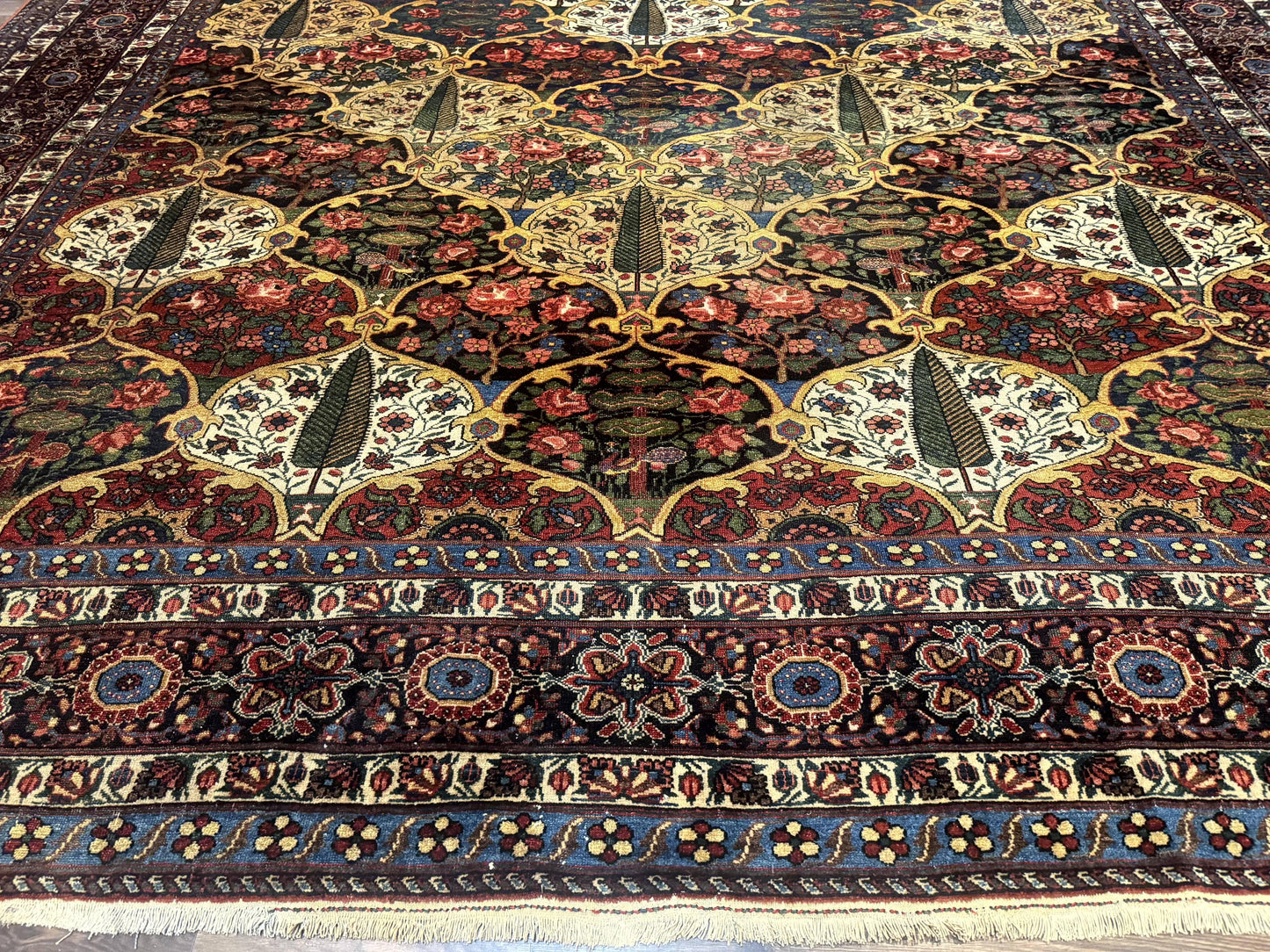 Antique Persian Bakhtiari Rug 12x19, Palace Size Wool Handmade Persian Carpet, Oversized Rug, Panel Design, Peacocks, Multicolor, Rare - Nuvé