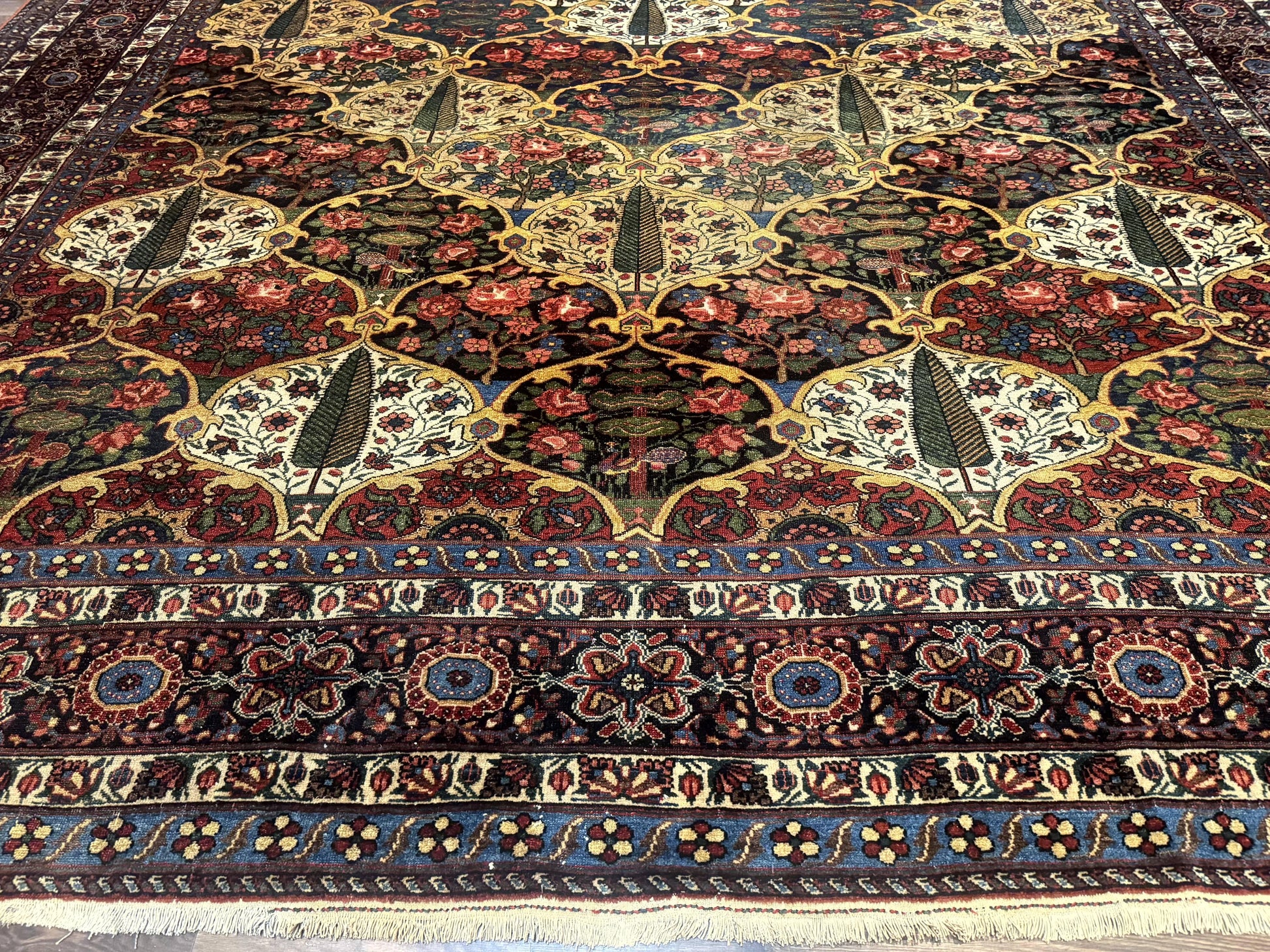 Antique Persian Bakhtiari Rug 12x19, Palace Size Wool Handmade Persian Carpet, Oversized Rug, Panel Design, Peacocks, Multicolor, Rare - Nuvé