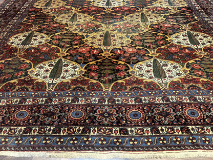 Antique Persian Bakhtiari Rug 12x19, Palace Size Wool Handmade Persian Carpet, Oversized Rug, Panel Design, Peacocks, Multicolor, Rare - Nuvé