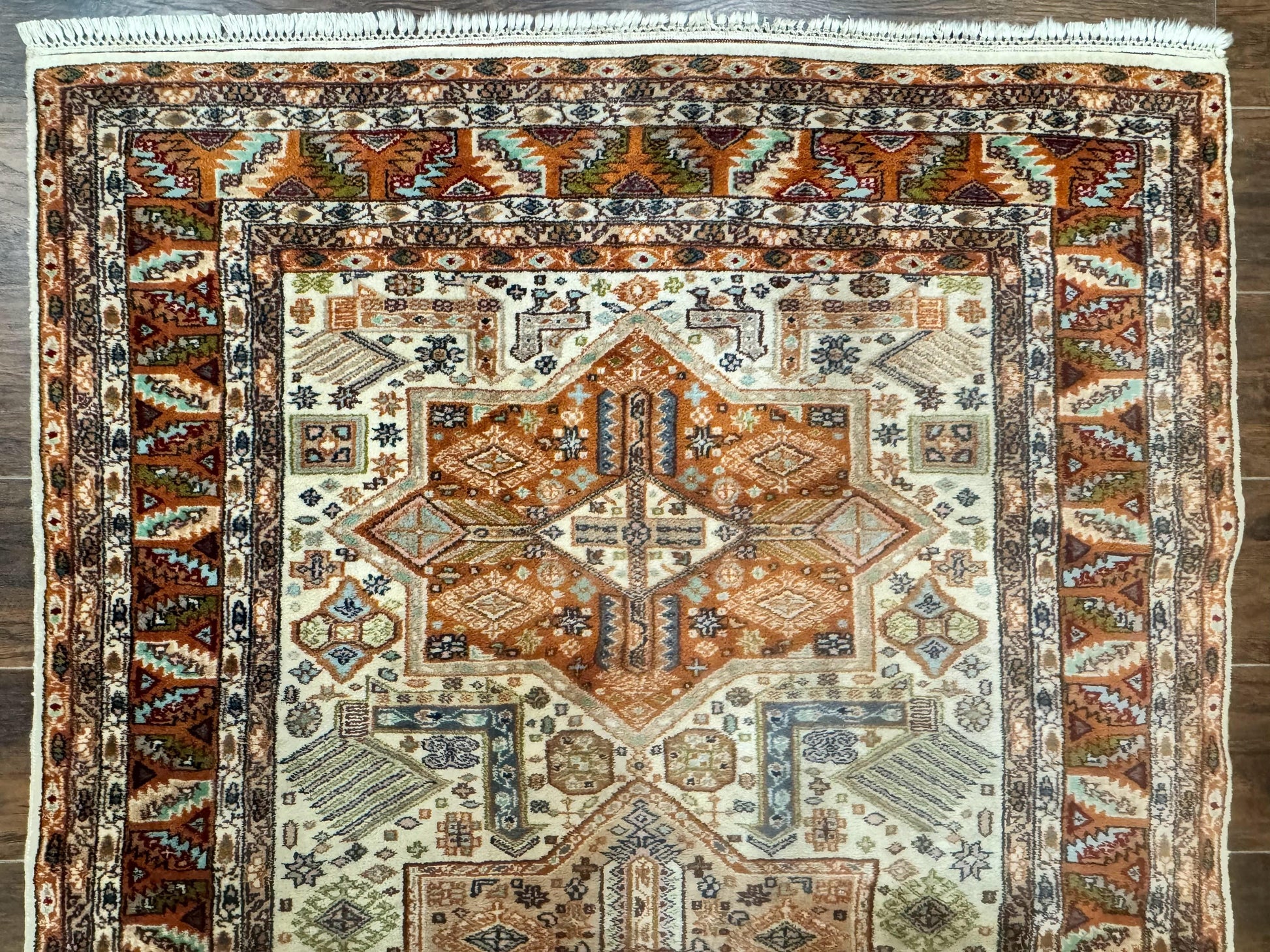 Turkish Kazak Rug 4x6, Geometric Medallions, Vintage Handmade Wool Carpet - Nuvé