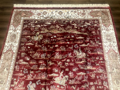 Turkish Silk Rug 8x10, Red & Ivory, Hunting Design, Bamboo Silk, New - Nuvé