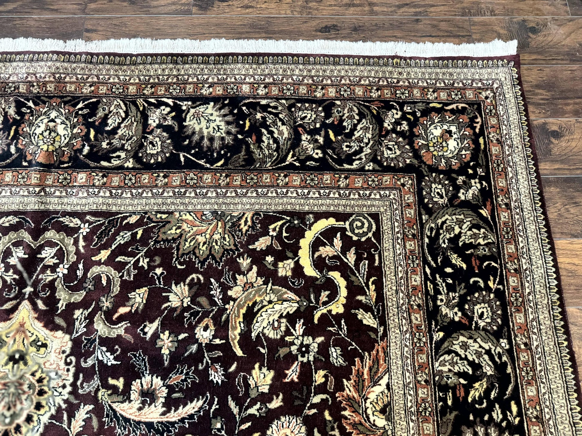 Indo Persian Rug 10x14, Floral Allover, Handmade Vintage Wool Rug, Dark Maroon/Plum and Black - Nuvé