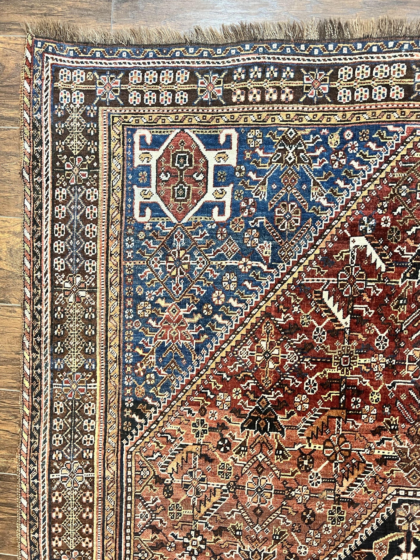 Antique Persian Shiraz Tribal Rug 6x8, Geometric Rug, Wool Handmade Hand Knotted Carpet, Red Blue - Nuvé