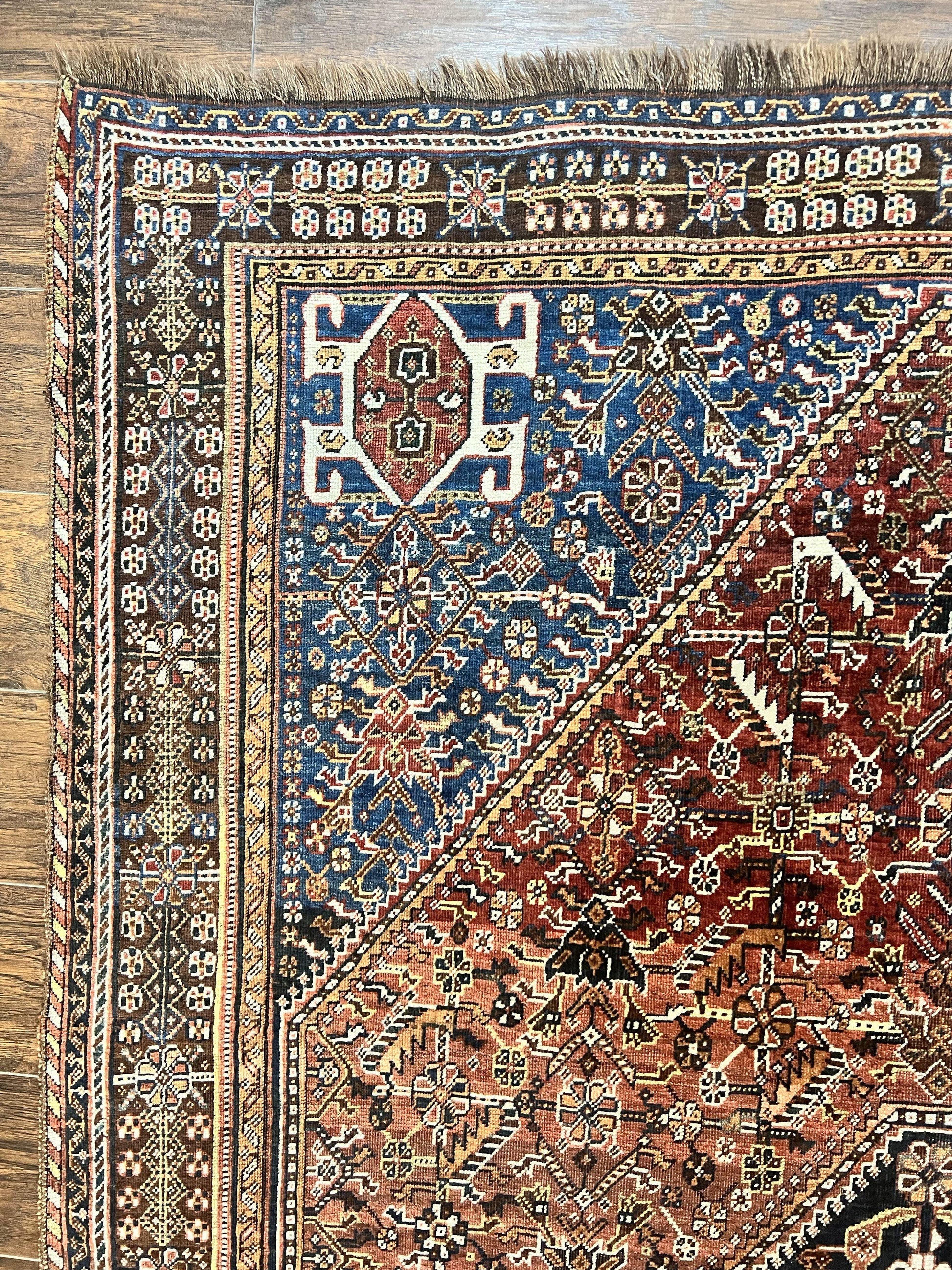 Antique Persian Shiraz Tribal Rug 6x8, Geometric Rug, Wool Handmade Hand Knotted Carpet, Red Blue - Nuvé