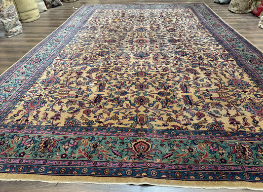 Antique Persian Rug 10x15, Camel and Cyan, Allover Pattern, Rare, Samarkand Rug - Nuvé