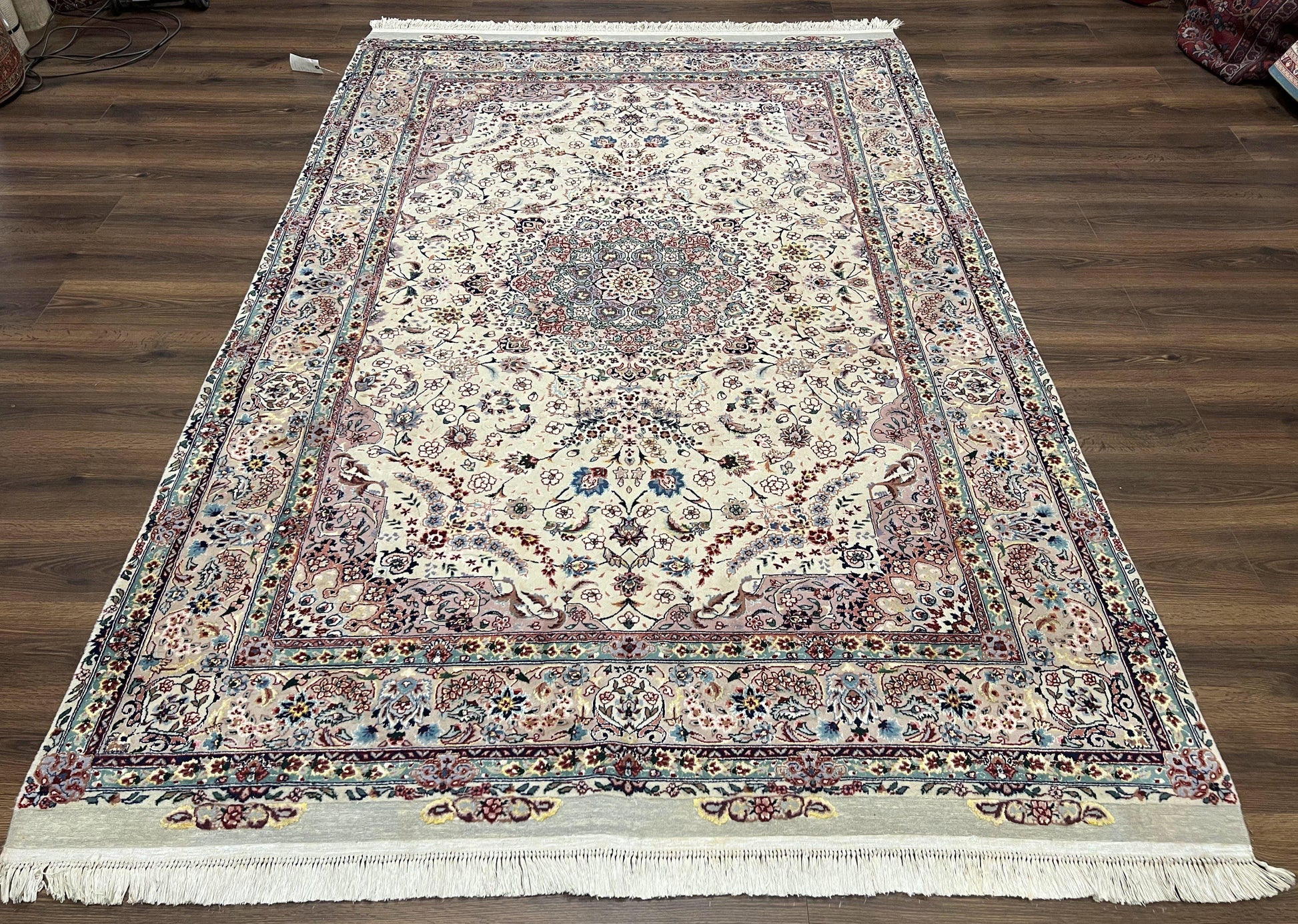 Beautiful Pak Persian Rug 6x9, Floral Medallion, Wool and Silk, Highly Detailed Elegant Carpet, Vintage Oriental Rug 6 x 9, Cream and Gray - Nuvé