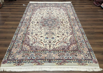 Beautiful Pak Persian Rug 6x9, Floral Medallion, Wool and Silk, Highly Detailed Elegant Carpet, Vintage Oriental Rug 6 x 9, Cream and Gray - Nuvé