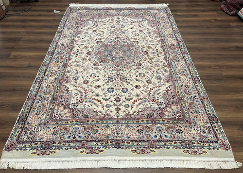 Beautiful Pak Persian Rug 6x9, Floral Medallion, Wool and Silk, Highly Detailed Elegant Carpet, Vintage Oriental Rug 6 x 9, Cream and Gray - Nuvé