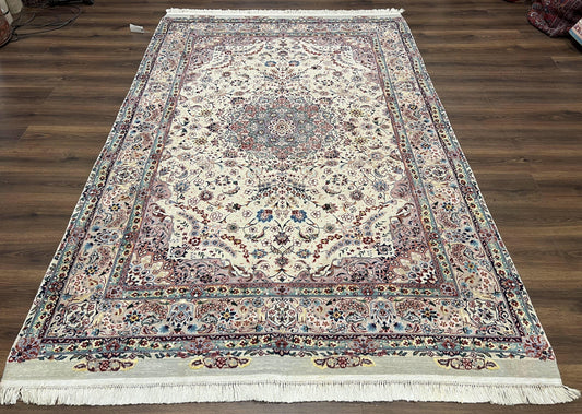 Beautiful Pak Persian Rug 6x9, Floral Medallion, Wool and Silk, Highly Detailed Elegant Carpet, Vintage Oriental Rug 6 x 9, Cream and Gray - Nuvé