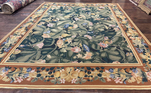 Needlepoint Rug 8x10, Vintage, Handmade, Wool, Green, Leaves & Fruits - Nuvé