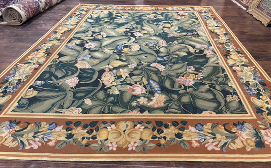 Needlepoint Rug 8x10, Vintage, Handmade, Wool, Green, Leaves & Fruits - Nuvé