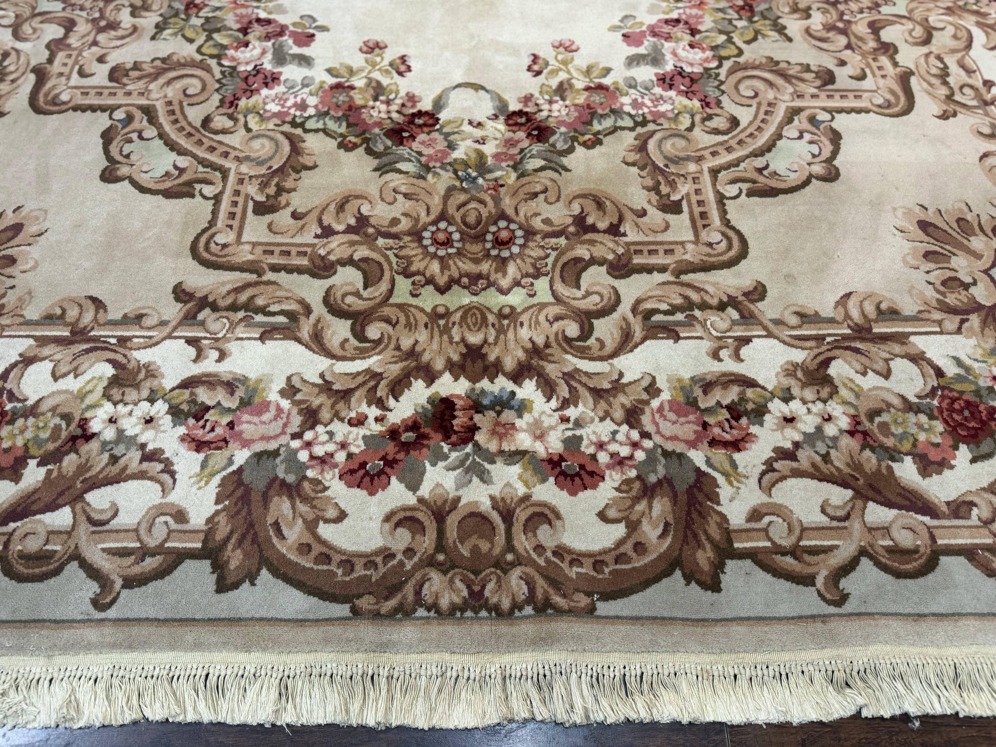Aubusson Rug 8x12, European French Savonnerie Design, Thick Wool Pile, Elegant Rug, Cream Beige Light Green - Nuvé