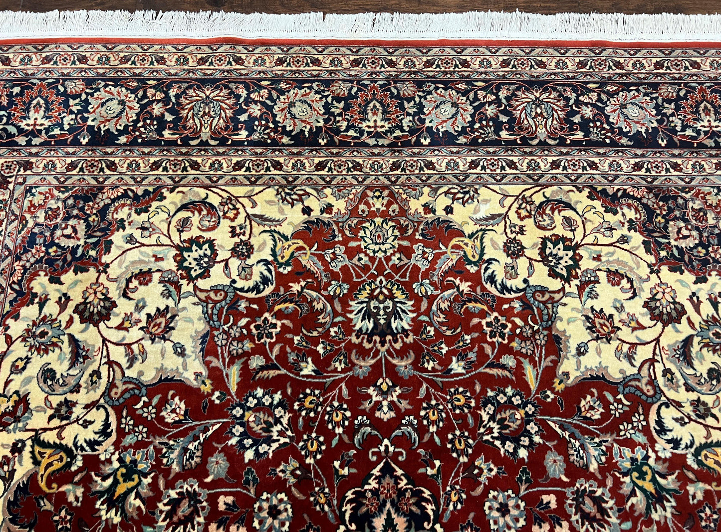 Fine Sino Persian Rug 7x10 ft, Floral Central Medallion Oriental Carpet, Red Navy Blue Cream, Hand Knotted Wool Traditional Vintage Rug - Nuvé