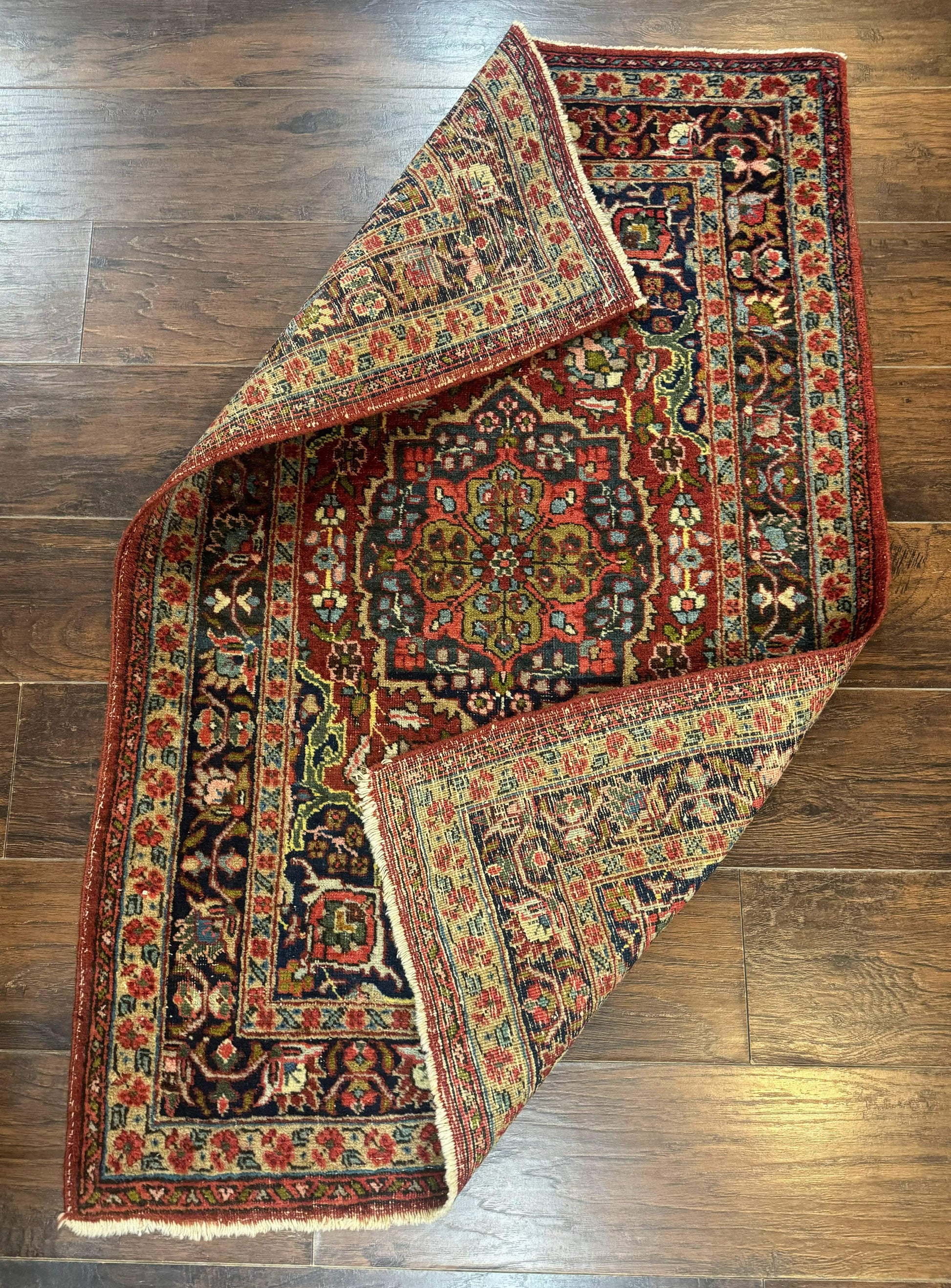 Antique Persian Tabriz Rug 3x5, Brick Red Navy Blue, Floral Medallion, Small Persian Carpet - Nuvé