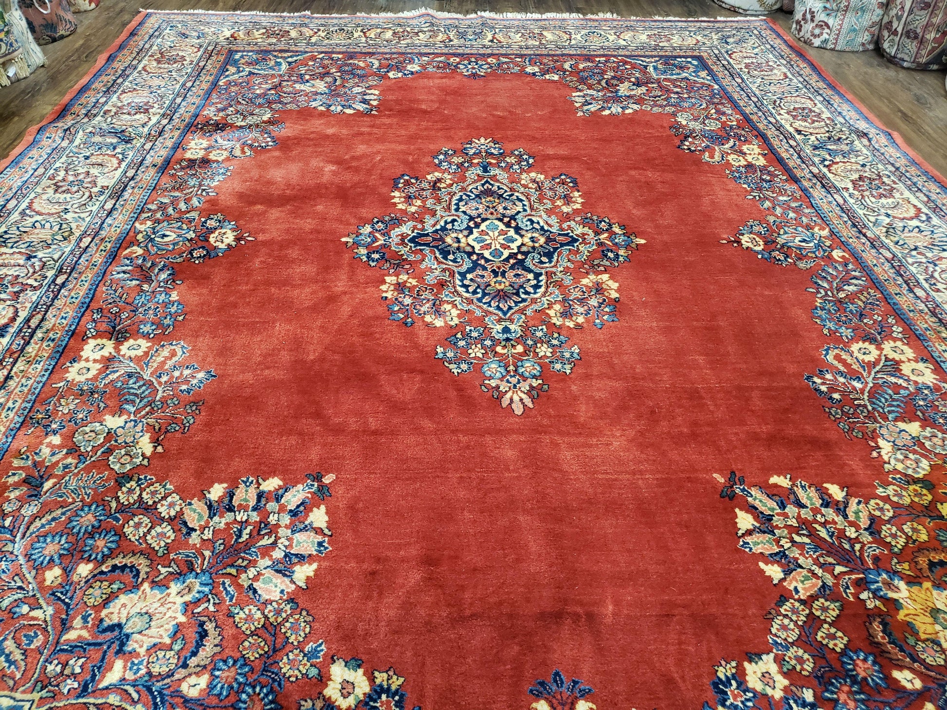 Semi Antique Persian Sarouk Rug 9x12,  Semi Open Field with Central Medallion, Hand Knotted Wool, Tomato Red, 9 x 12 Authentic Oriental Carpet - Nuvé