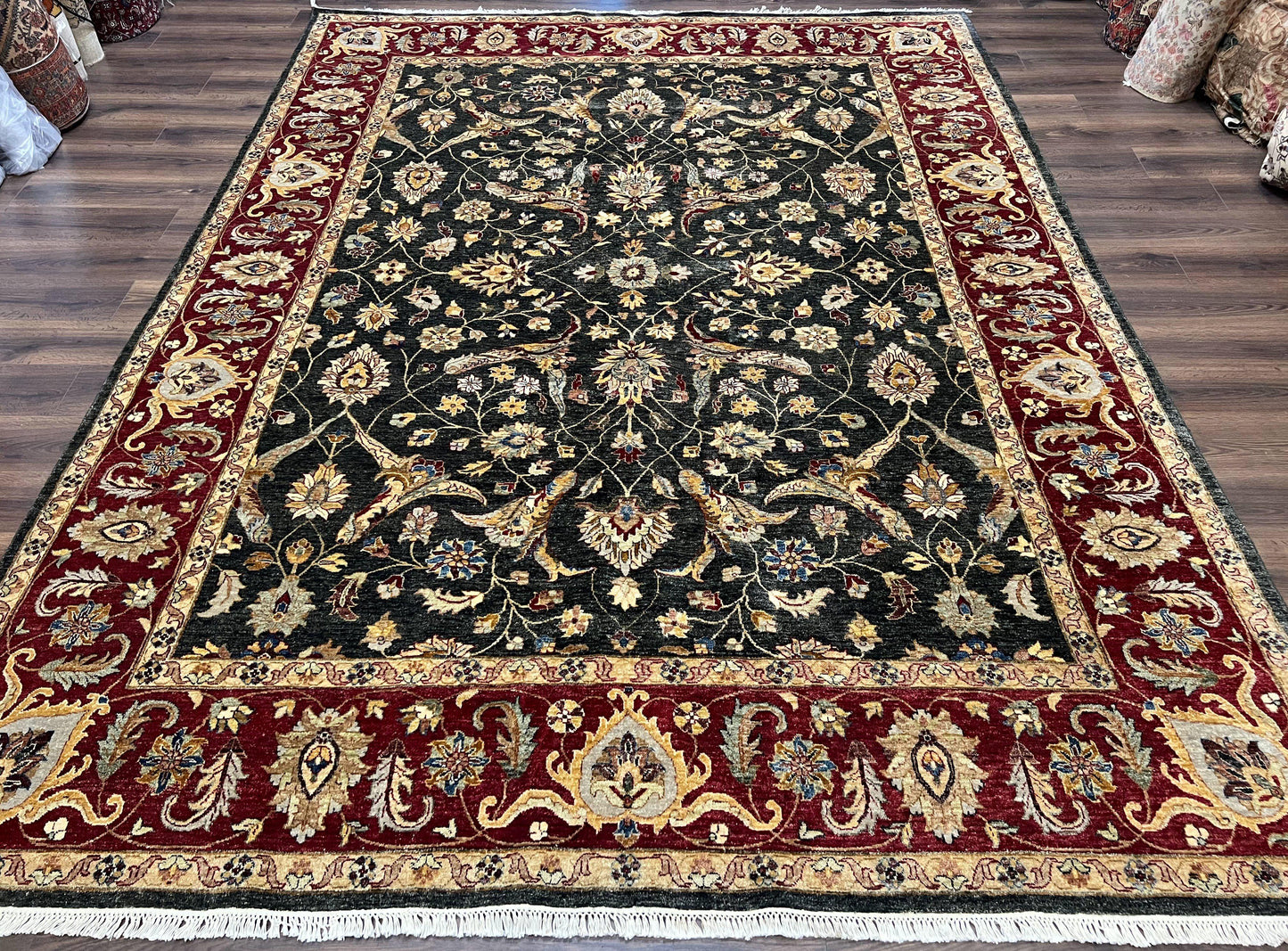 Pak Persian Mahal Rug 9x12, Allover Floral Pakistani Oriental Carpet 9 x 12, Wool Hand Knotted Area Rug, Dark Slate Gray-Black and Maroon - Nuvé