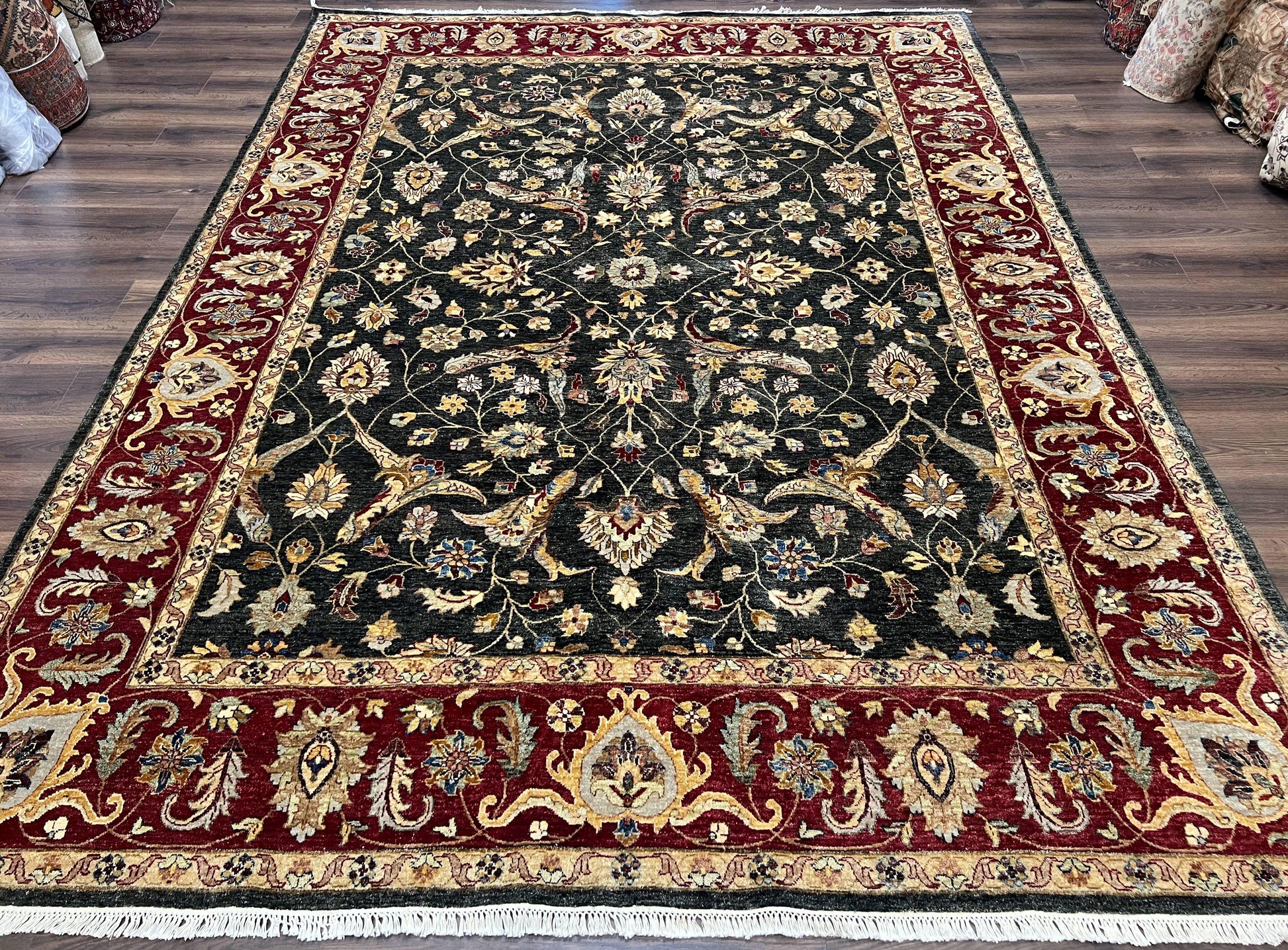 Pak Persian Mahal Rug 9x12, Allover Floral Pakistani Oriental Carpet 9 x 12, Wool Hand Knotted Area Rug, Dark Slate Gray-Black and Maroon - Nuvé