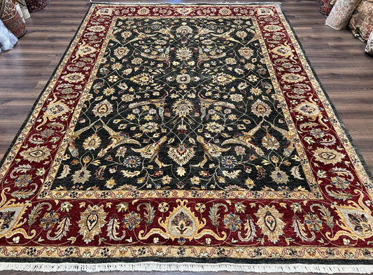 Pak Persian Mahal Rug 9x12, Allover Floral Pakistani Oriental Carpet 9 x 12, Wool Hand Knotted Area Rug, Dark Slate Gray-Black and Maroon - Nuvé
