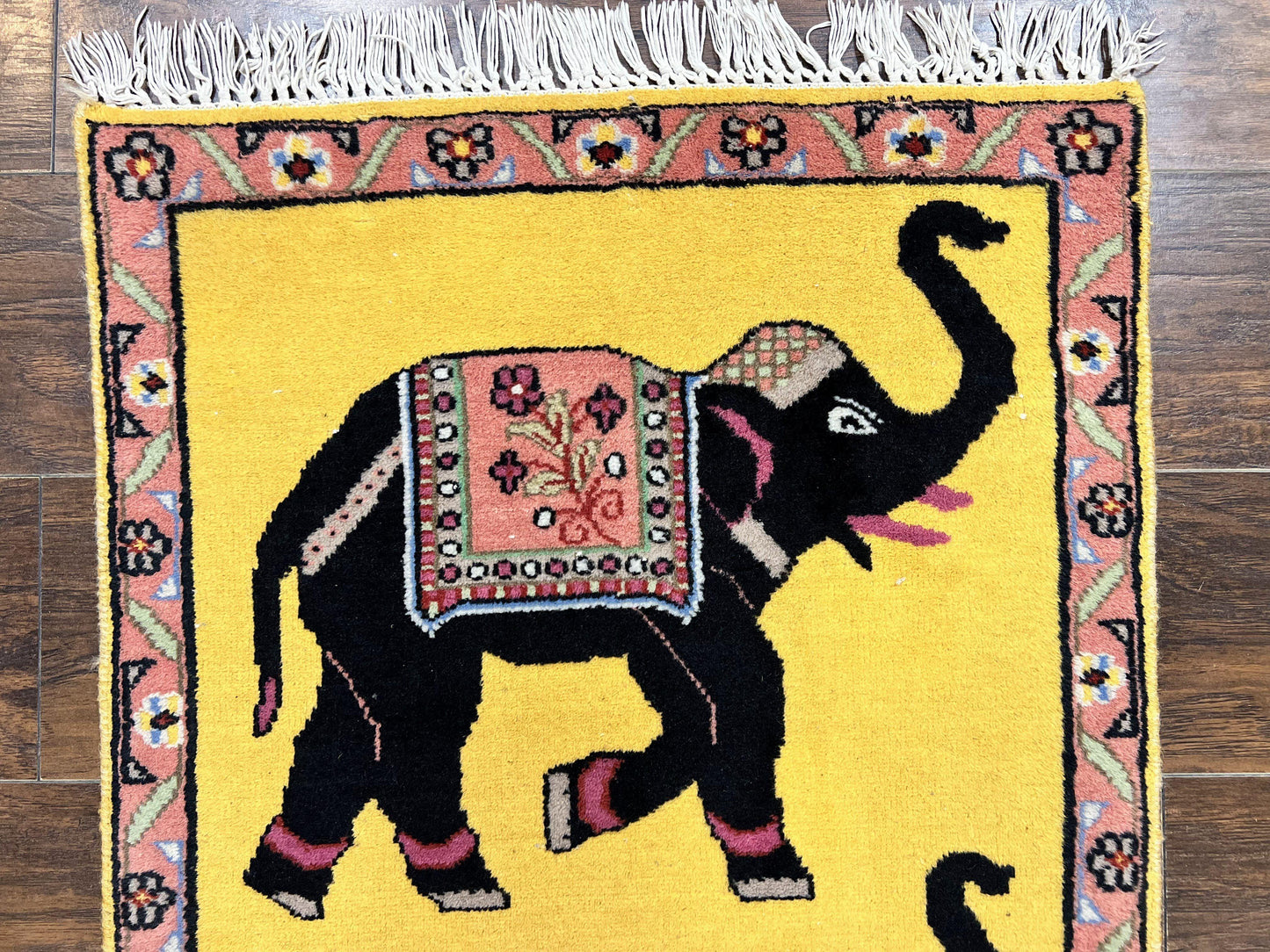 Unique Indian Pictorial Rug 2x3, Small Wool Hand Knotted Oriental Carpet, Yellow, Two Elephants, Handmade - Nuvé