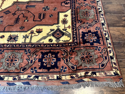 Afghan Heriz Rug 9x12, Tribal Geometric Serapi Carpet, Rust Cream and Navy, Wool on Wool - Nuvé