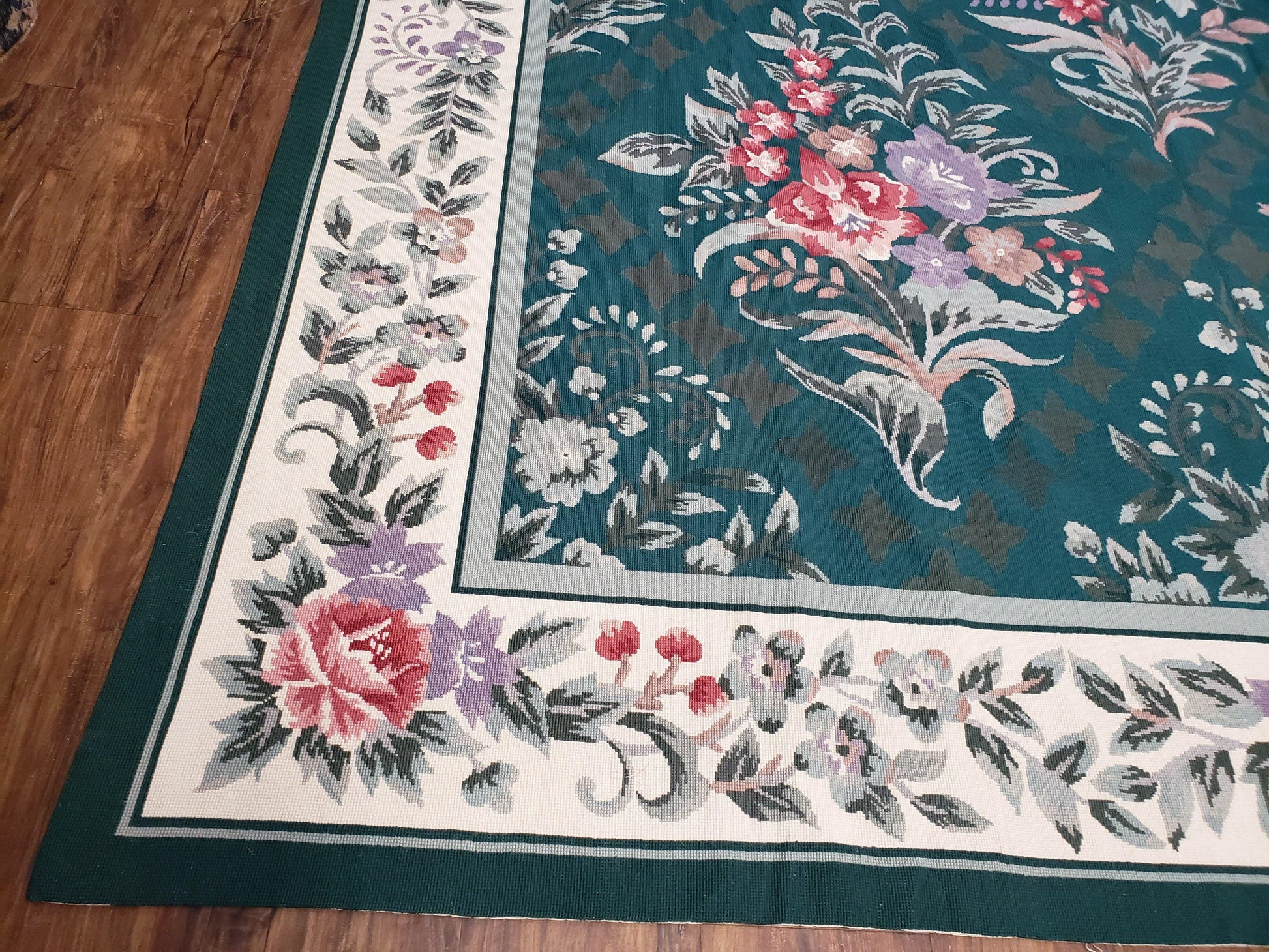 Chinese Needlepoint Rug 8x10, Vintage Green Area Rug, Hand-Woven Flatweave Floral European Design Carpet Wool Handmade 8x 10 Living Room Rug - Nuvé