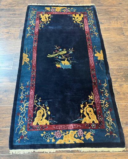 Antique Chinese Peking Rug 3x6, Dark Blue, Bird Motif, Handmade Wool Art Deco Asian Oriental Carpet, Pair B
