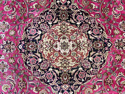 Persian Rug 10x13, Wool Hand Knotted Antique Kashmar Carpet, Raspberry Red & Navy Blue, Floral Medallion, Traditional Oriental Rug 10 x 13 - Nuvé
