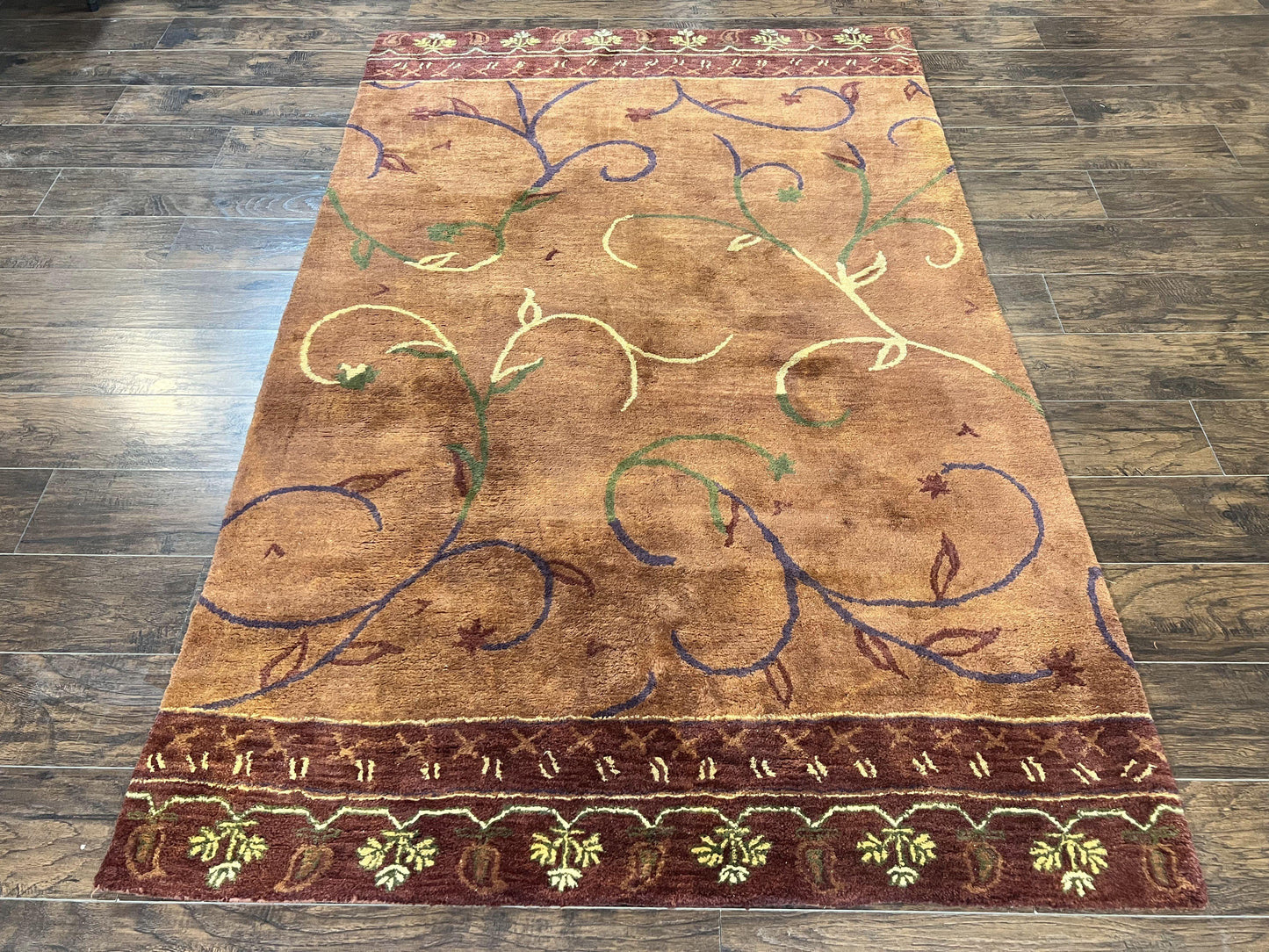 Pottery Barn Rug 5x8, Vintage Hand Tufted Carpet, Wool and Silk, Rust & Maroon - Nuvé