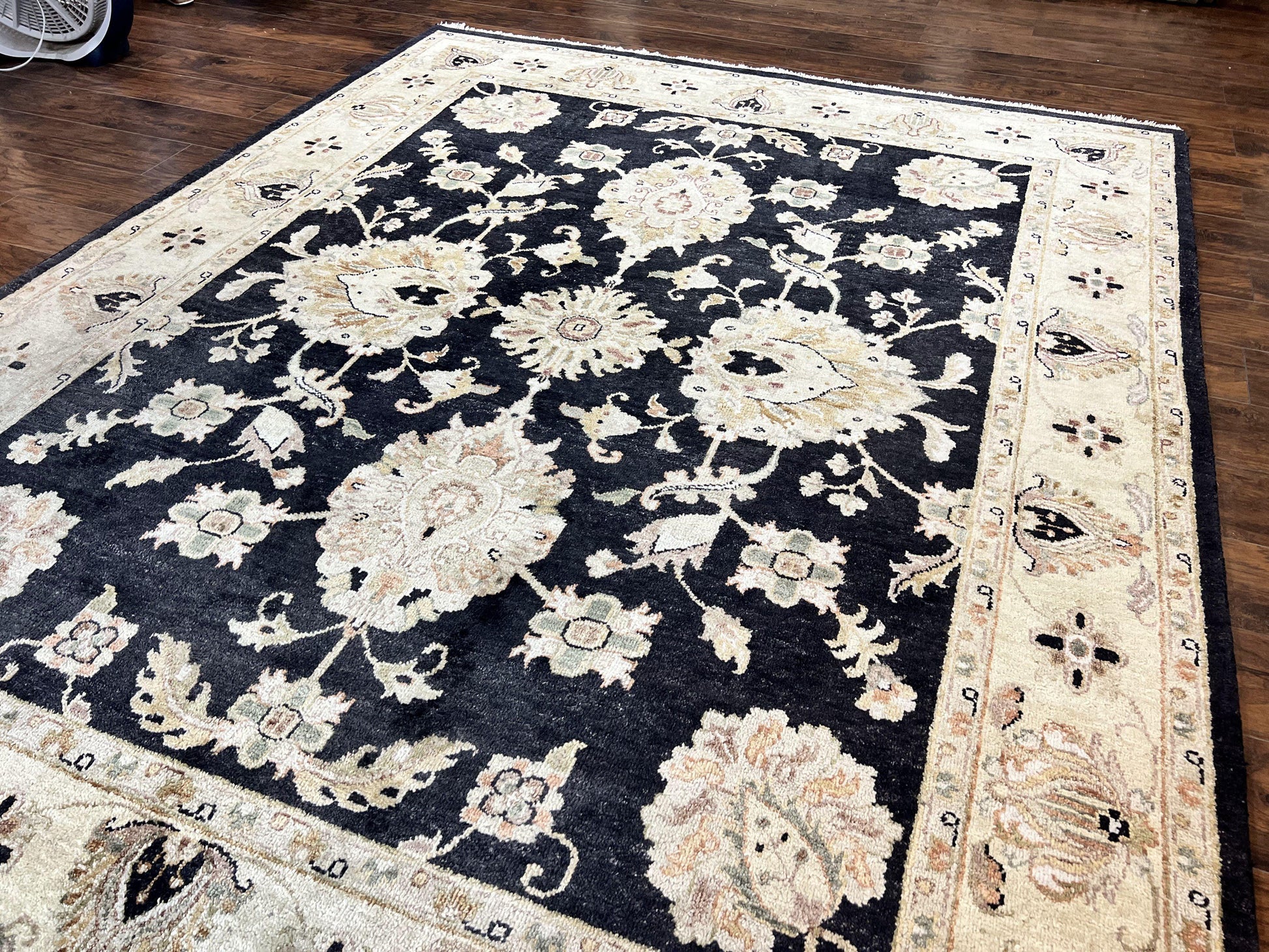 Indo Mahal Rug 8x10, Black and Beige, Vintage Rug 8 x 10 ft, Floral, Handmade Wool Carpet - Nuvé