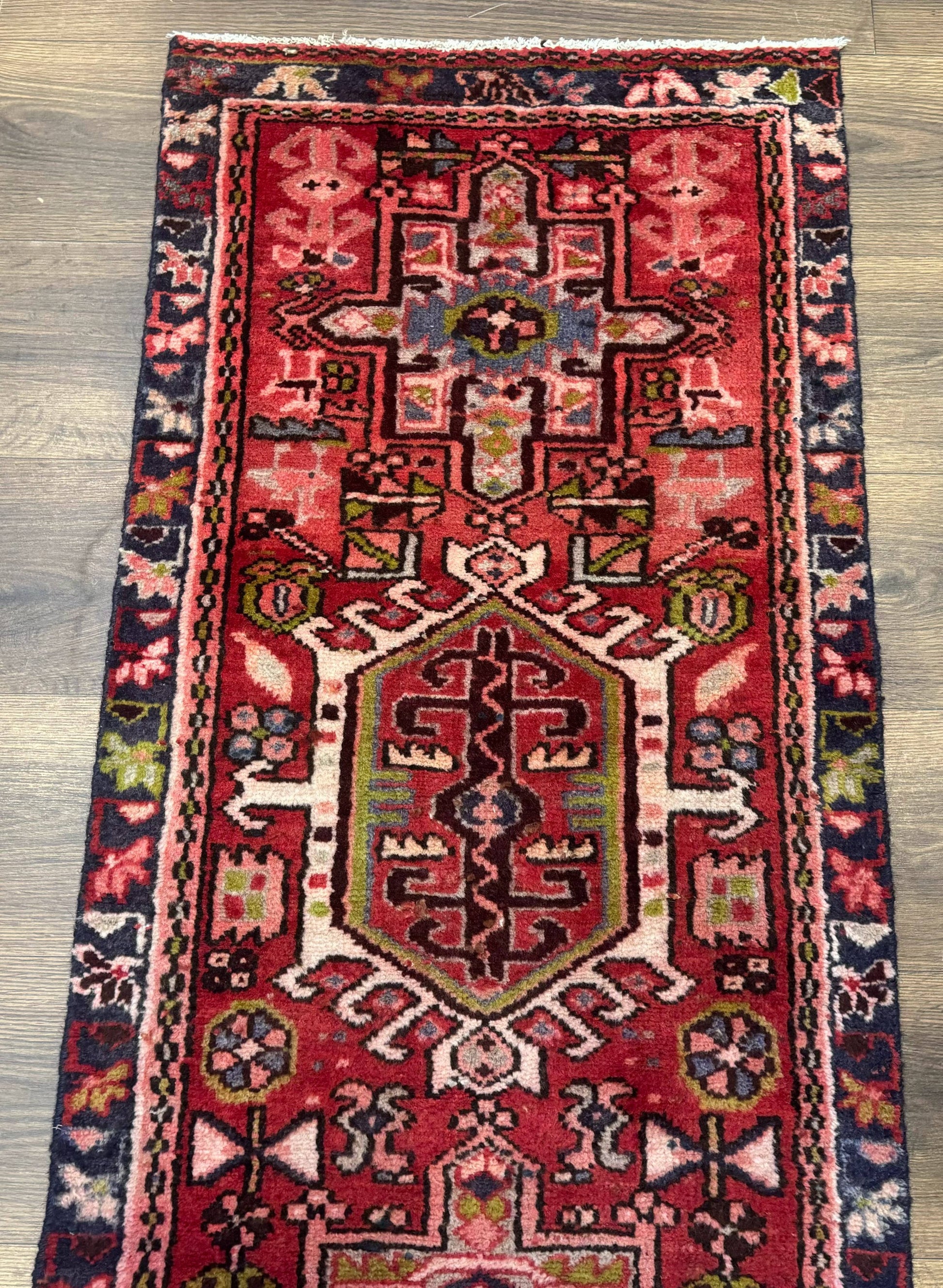 Persian Heriz Karajeh Runner Rug 2x9, Geometric Medallions, Red Navy Blue, 2 x 9 Rug for Hallway - Nuvé
