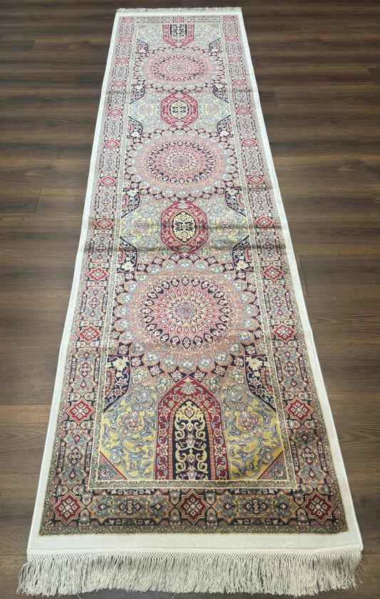 Turkish Silk Runner Rug 2.6 x 10, Dome Design, Hereke Runner, Bamboo Silk, New - Nuvé