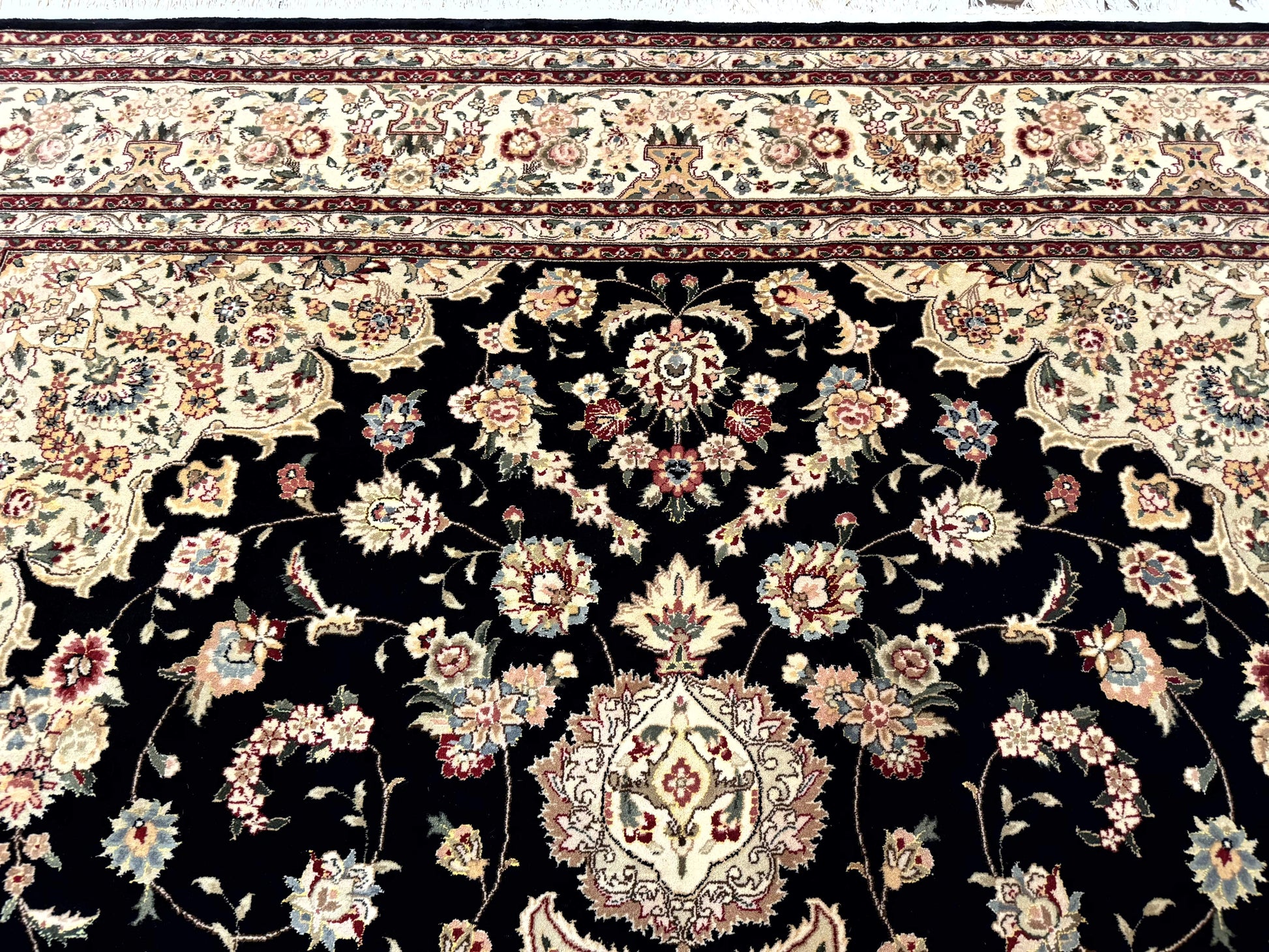 Sino Persian Rug 9x12, Black and Beige, Floral Medallion, Wool & Silk, Handmade - Nuvé