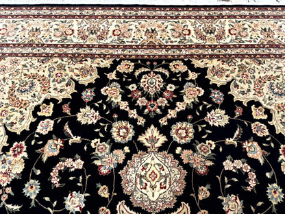 Sino Persian Rug 9x12, Black and Beige, Floral Medallion, Wool & Silk, Handmade - Nuvé