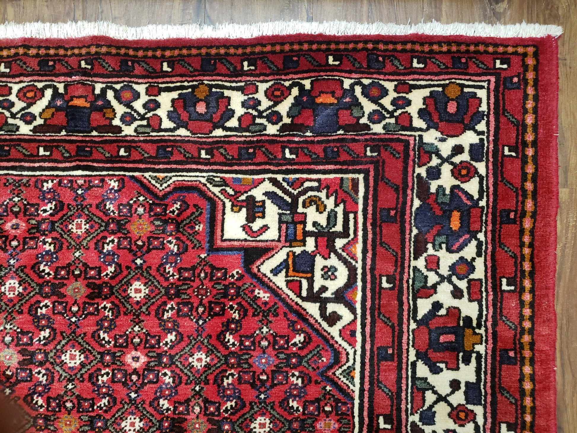 Vintage Persian Hamedan Rug 7x10, Angelas Mahi Pattern, Red, Wool, Hand-Knotted - Nuvé