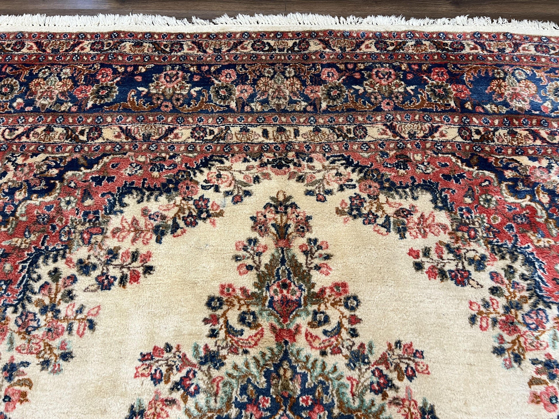 Persian Rug 9x10, Hamadan Rug, Antique Oriental Carpet, Wool Rug, Semi Open Field, Cream and Navy Blue, Kirman Design Hand Knotted Almost Square Rug - Nuvé