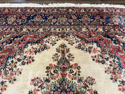 Persian Rug 9x10, Hamadan Rug, Antique Oriental Carpet, Wool Rug, Semi Open Field, Cream and Navy Blue, Kirman Design Hand Knotted Almost Square Rug