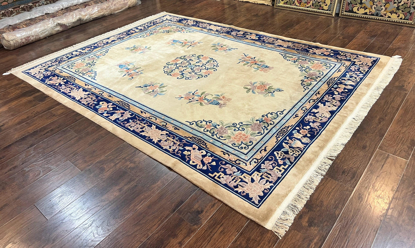Chinese Wool Rug 8x11, Peking Asian Oriental Carpet, Cream/Ivory and Blue, Vintage Handmade Rug, Art Deco Rug - Nuvé
