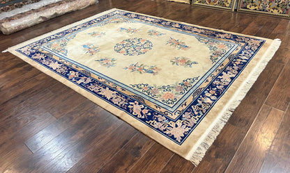 Chinese Wool Rug 8x11, Peking Asian Oriental Carpet, Cream/Ivory and Blue, Vintage Handmade Rug, Art Deco Rug - Nuvé