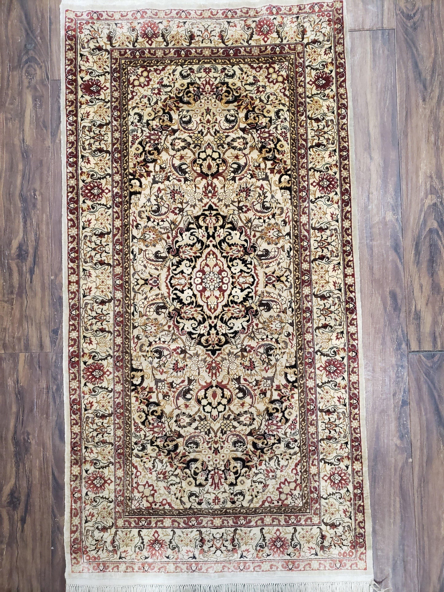 Silk Oriental Rug 1' 7" x 3', Very Fine Silk Carpet, Small Silk Rug, Traditional Floral Medallion, Hand-Knotted Cream Beige Vintage Silk Rug - Nuvé