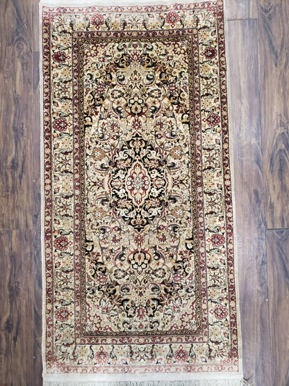 Silk Oriental Rug 1' 7" x 3', Very Fine Silk Carpet, Small Silk Rug, Traditional Floral Medallion, Hand-Knotted Cream Beige Vintage Silk Rug - Nuvé