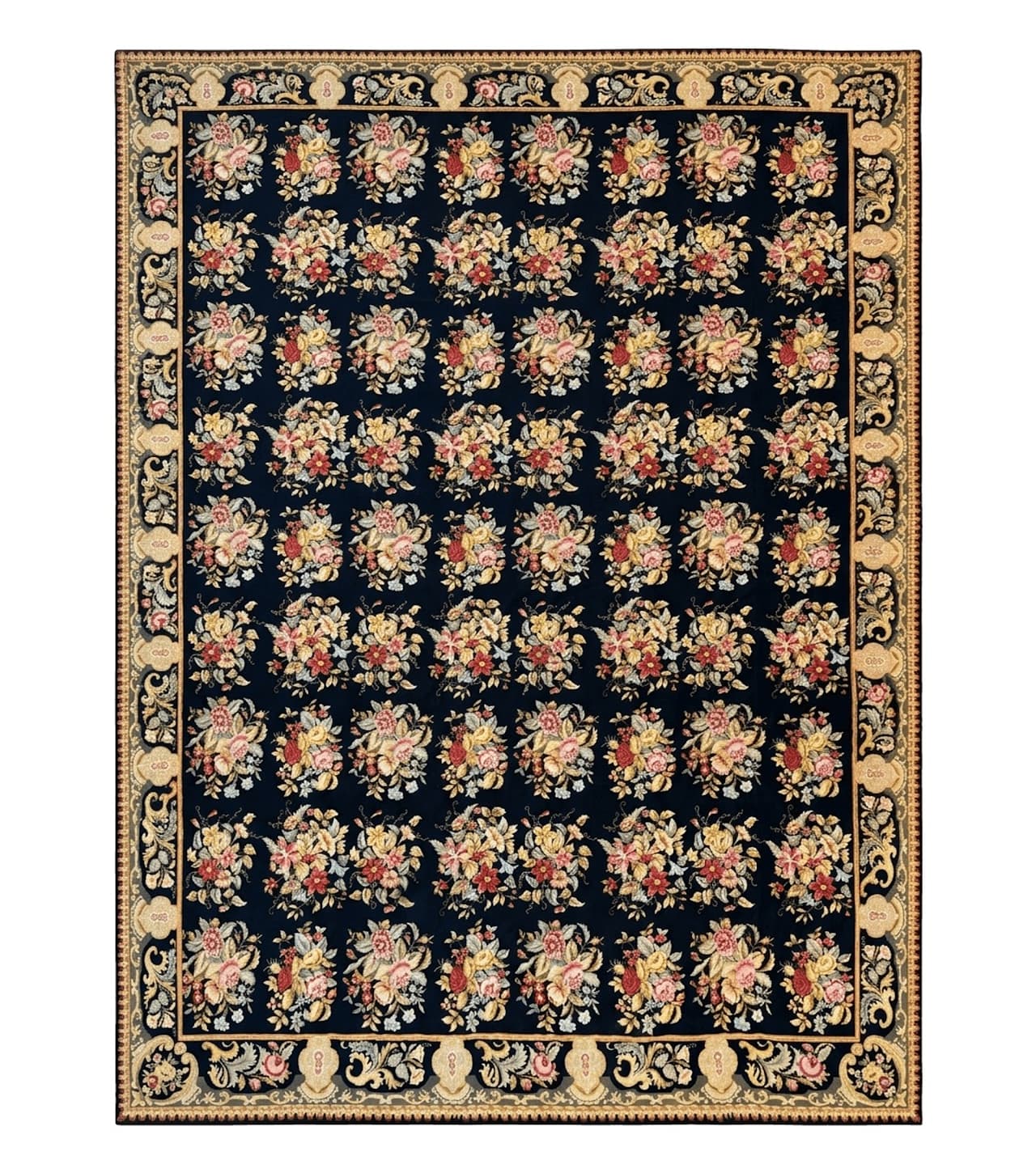 Palace Size Needlepoint Rug 12x16, Black and Colorful, Floral Panel, Handmade Oversized Wool Needlepoint Carpet, Rare