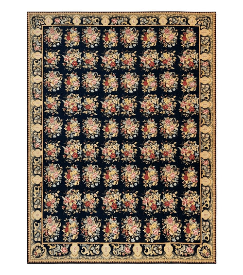 Palace Size Needlepoint Rug 12x16, Black and Colorful, Floral Panel, Handmade Oversized Wool Needlepoint Carpet, Rare